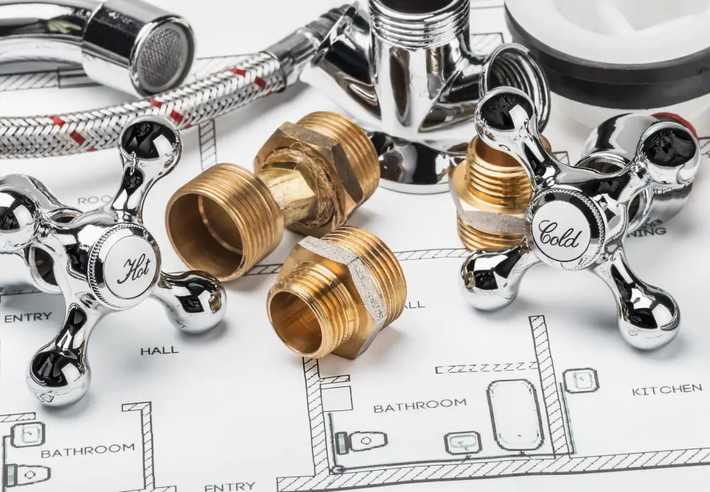 Spare parts and tools lying on drawing for repair plumbing