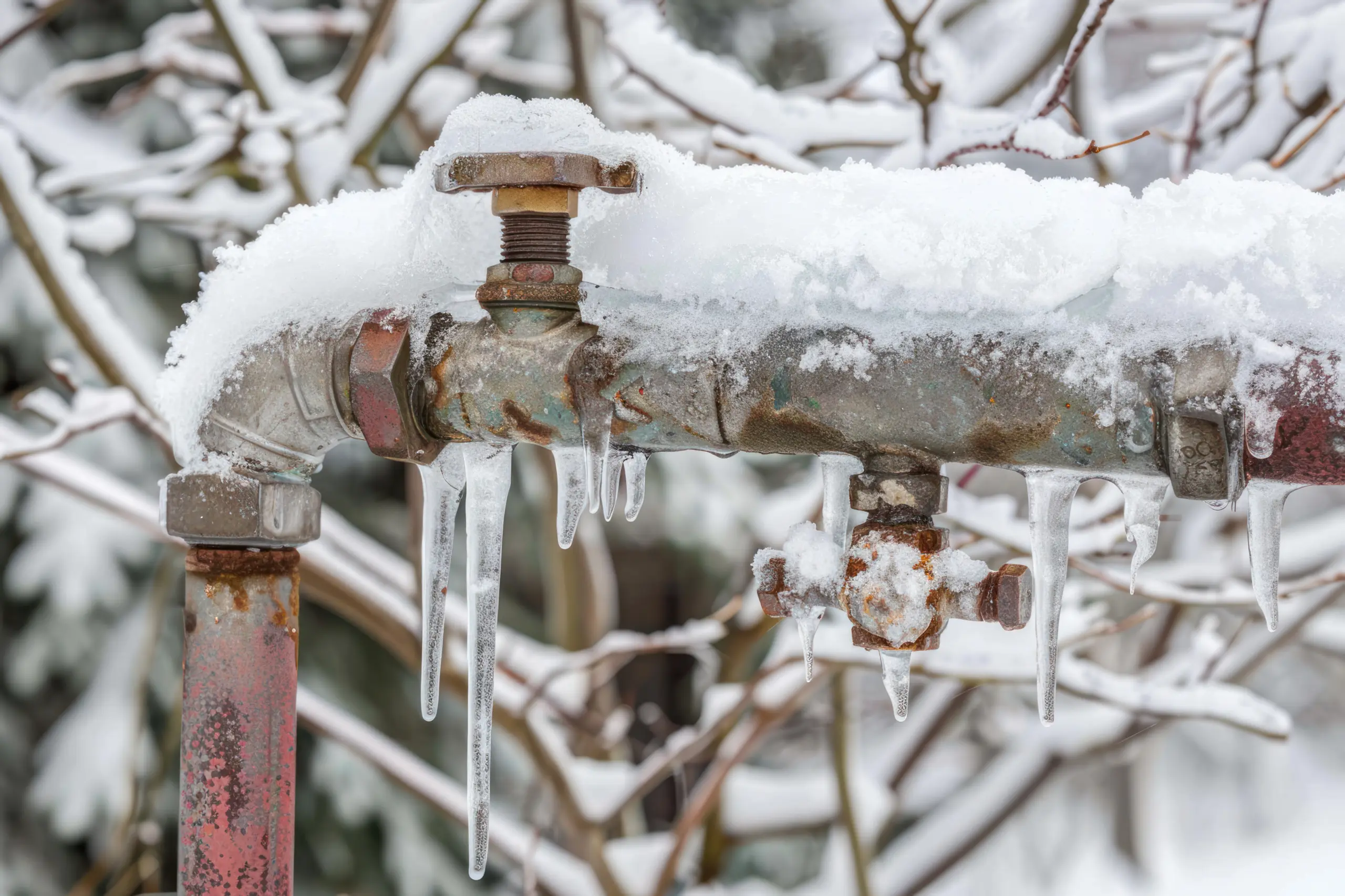 frozen water pipe and an ice covered faucet in winter